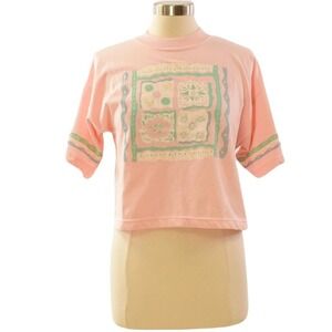 80s Vintage Womens S Pink Graphic Tee Pastel Patchwork Print Boxy Cropped Top